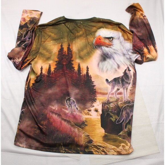 NWT Long Sleeve Graphic Tee With Wolves & Eagle Print By Ouku - Picture 8 of 9